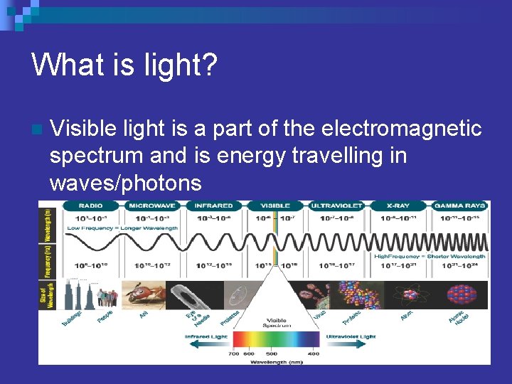 What is light? n Visible light is a part of the electromagnetic spectrum and