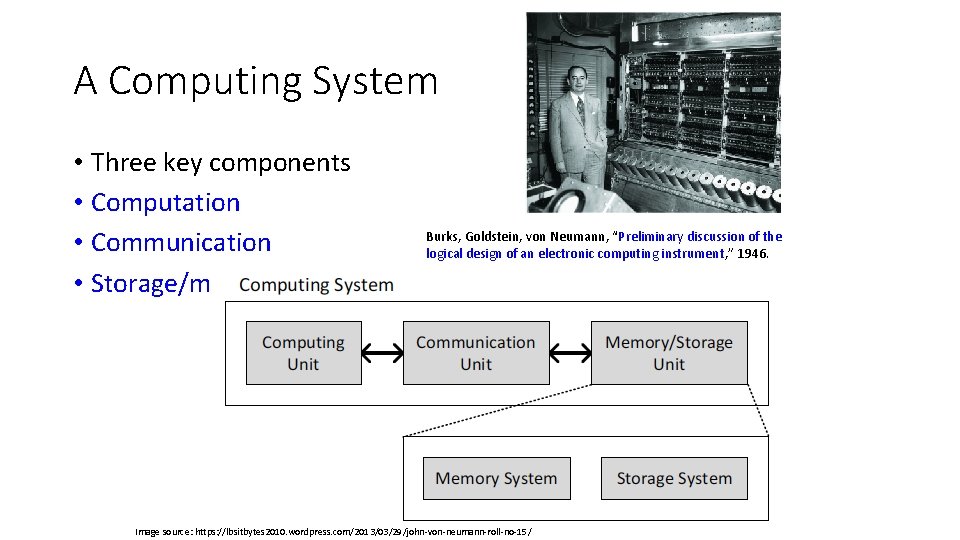 A Computing System • Three key components • Computation • Communication • Storage/memory Burks,