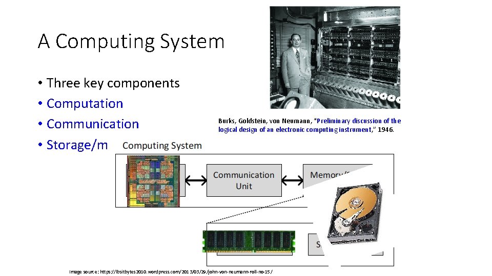 A Computing System • Three key components • Computation • Communication • Storage/memory Burks,