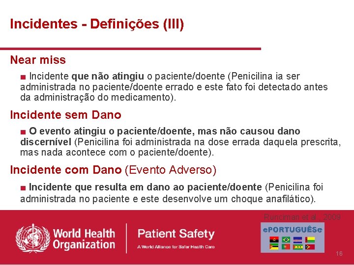 Incidentes - Definições (III) Near miss ■ Incidente que não atingiu o paciente/doente (Penicilina Incidentes - Definições (III) Near miss ■ Incidente que não atingiu o paciente/doente (Penicilina