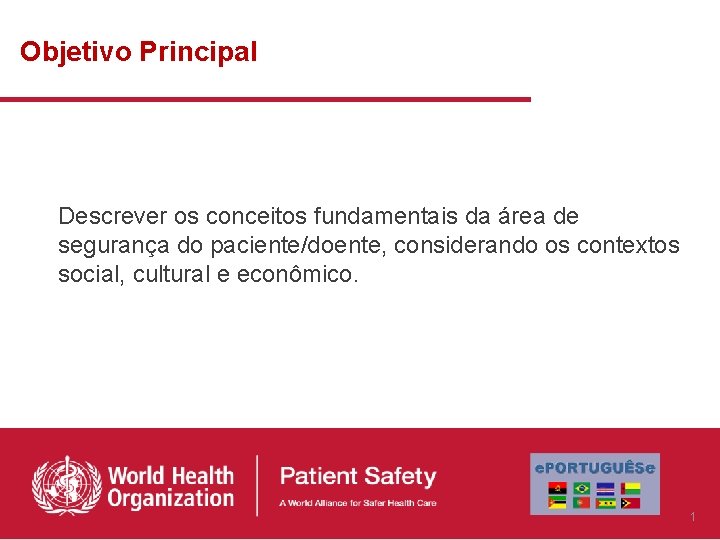Objetivo Principal Descrever os conceitos fundamentais da área de segurança do paciente/doente, considerando os