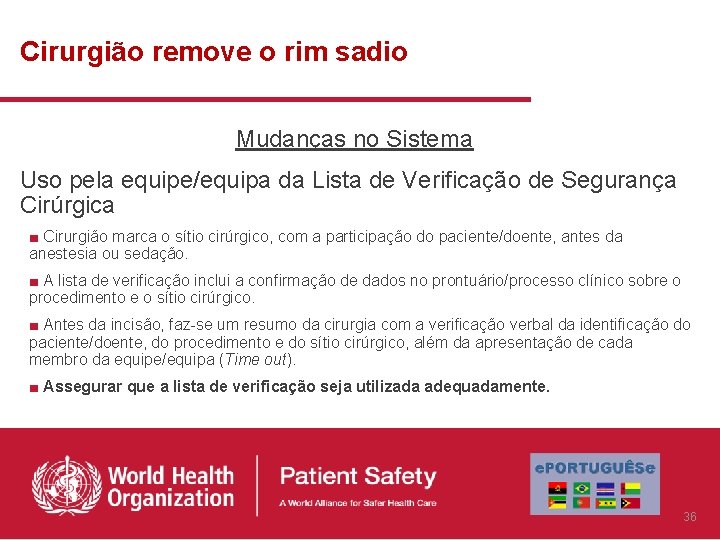 Cirurgião remove o rim sadio Mudanças no Sistema Uso pela equipe/equipa da Lista de