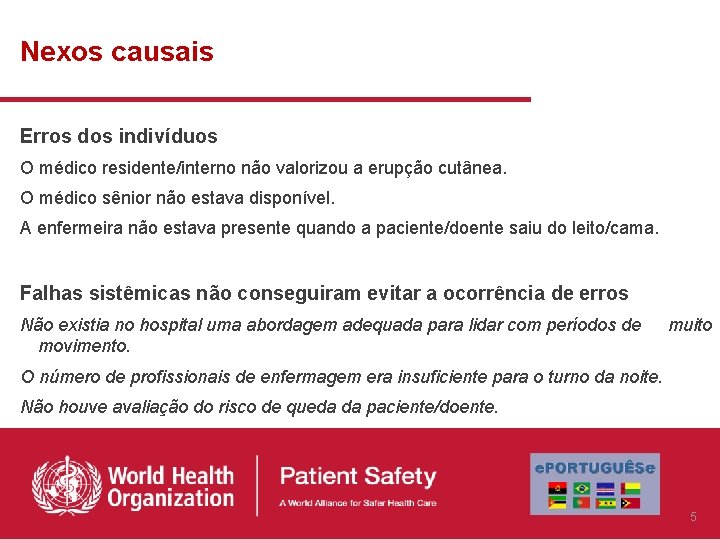 Nexos causais Erros dos indivíduos O médico residente/interno não valorizou a erupção cutânea. O