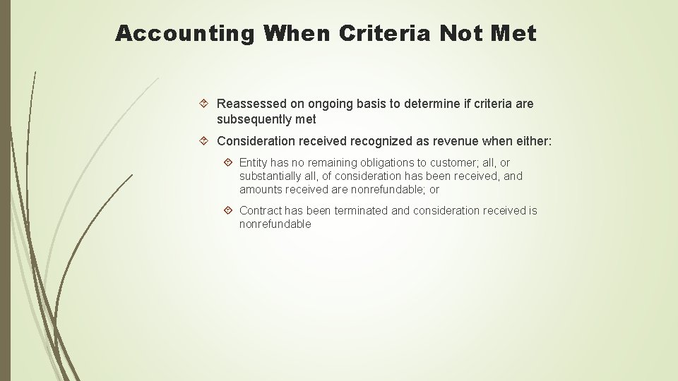 Accounting When Criteria Not Met Reassessed on ongoing basis to determine if criteria are