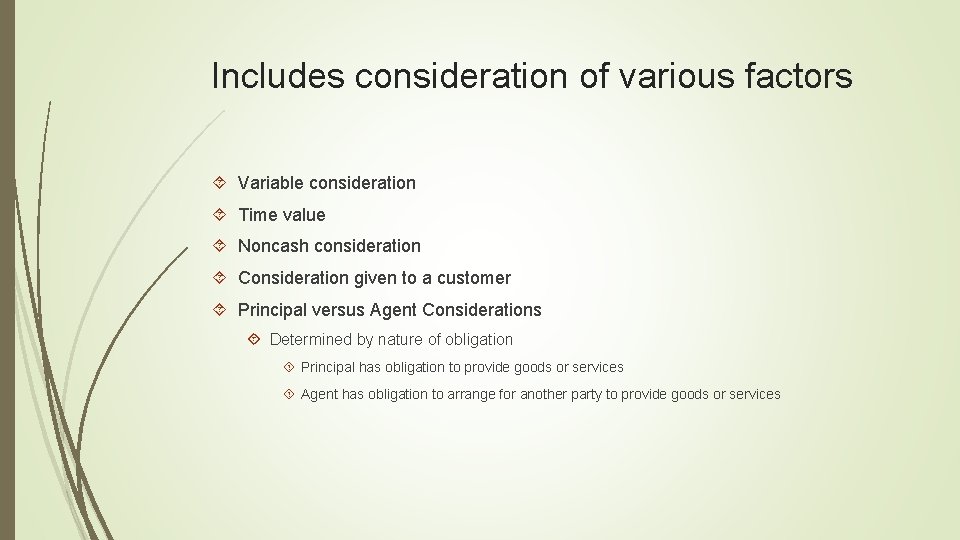 Includes consideration of various factors Variable consideration Time value Noncash consideration Consideration given to