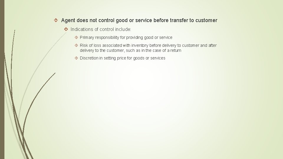  Agent does not control good or service before transfer to customer Indications of