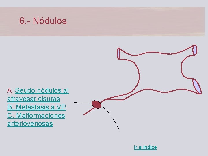 6. - Nódulos A. Seudo nódulos al atravesar cisuras B. Metástasis a VP C.