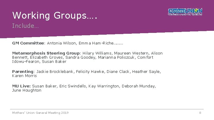 Working Groups…. Include… GM Committee: Antonia Wilson, Emma Ham-Riche……… Metamorphosis Steering Group: Hilary Williams,