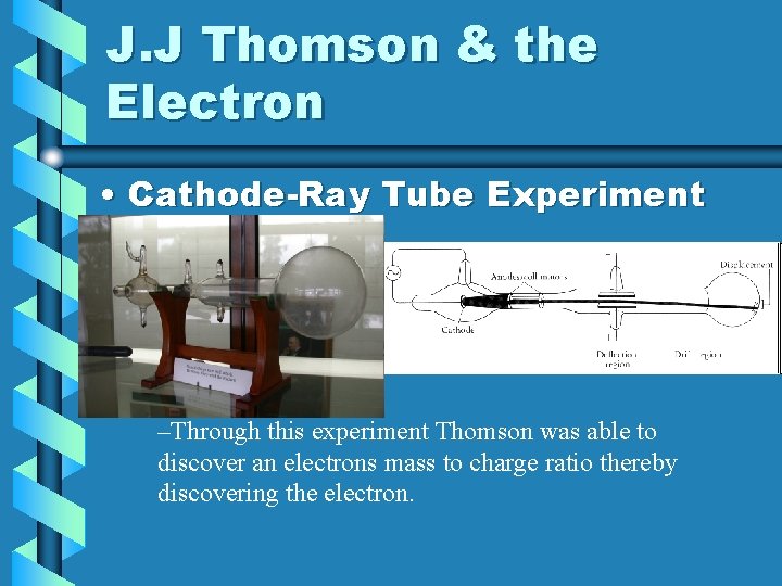 J. J Thomson & the Electron • Cathode-Ray Tube Experiment –Through this experiment Thomson