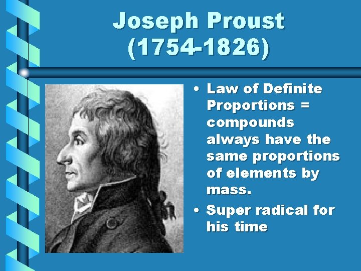 Joseph Proust (1754 -1826) • Law of Definite Proportions = compounds always have the