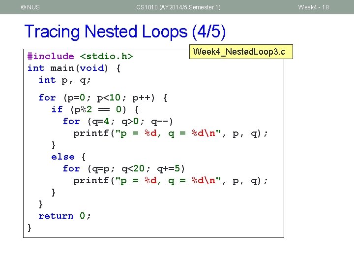 © NUS CS 1010 (AY 2014/5 Semester 1) Tracing Nested Loops (4/5) #include <stdio.