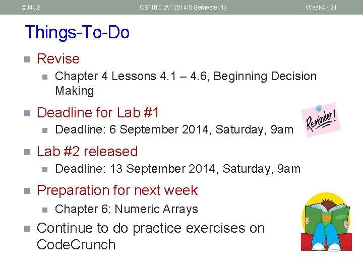 © NUS CS 1010 (AY 2014/5 Semester 1) Week 4 - 21 Things-To-Do n