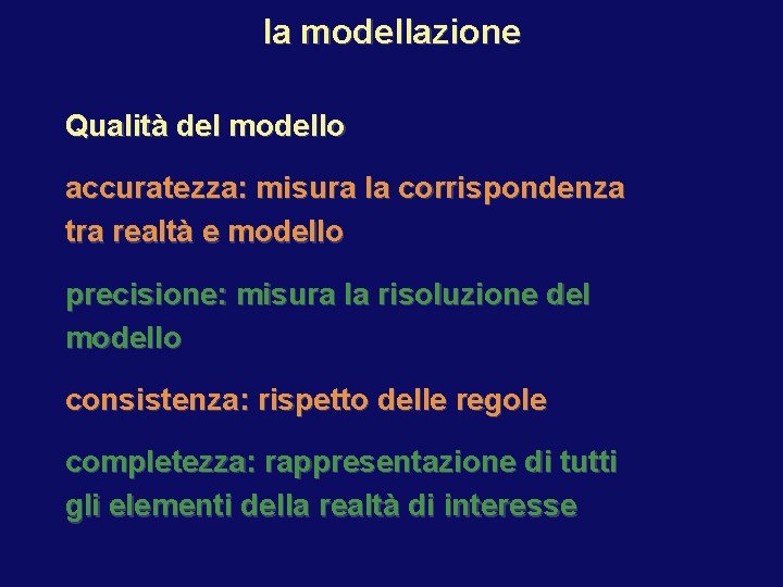 la modellazione Qualità del modello accuratezza: misura la corrispondenza tra realtà e modello precisione: