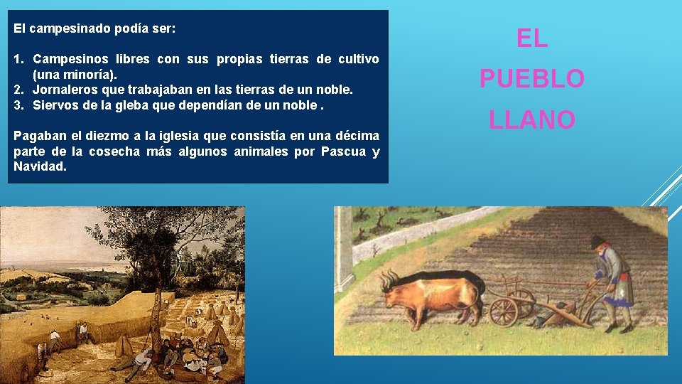 El campesinado podía ser: 1. Campesinos libres con sus propias tierras de cultivo (una