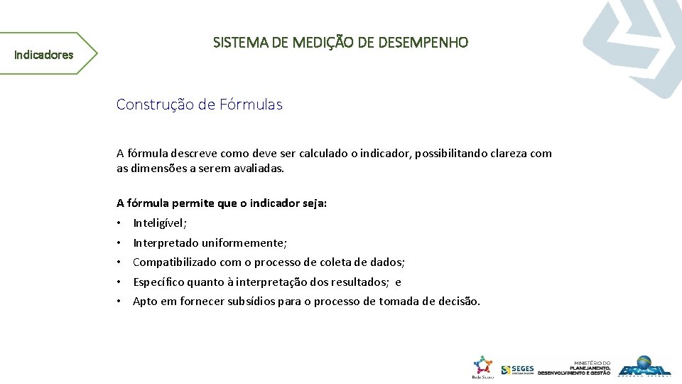 SISTEMA DE MEDIÇÃO DE DESEMPENHO Indicadores Construção de Fórmulas A fórmula descreve como deve