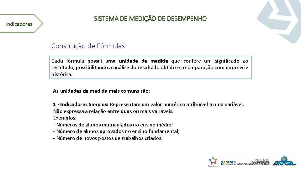 Indicadores SISTEMA DE MEDIÇÃO DE DESEMPENHO Construção de Fórmulas Cada fórmula possui uma unidade