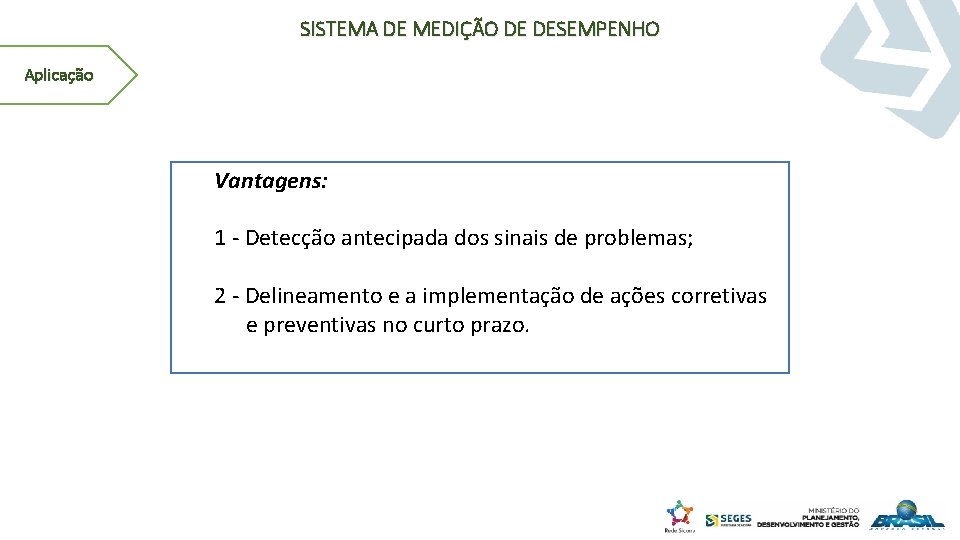 SISTEMA DE MEDIÇÃO DE DESEMPENHO Aplicação Vantagens: 1 ‐ Detecção antecipada dos sinais de