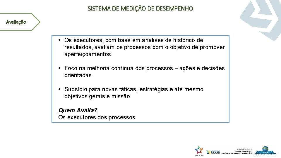 SISTEMA DE MEDIÇÃO DE DESEMPENHO Avaliação • Os executores, com base em análises de