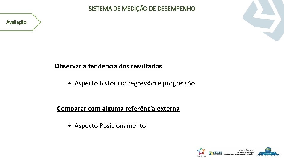 SISTEMA DE MEDIÇÃO DE DESEMPENHO Avaliação Observar a tendência dos resultados • Aspecto histórico: