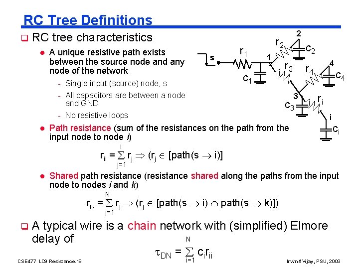 RC Tree Definitions q RC tree characteristics l A unique resistive path exists between