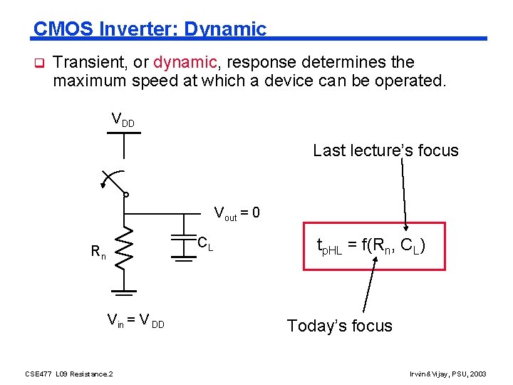 CMOS Inverter: Dynamic q Transient, or dynamic, response determines the maximum speed at which