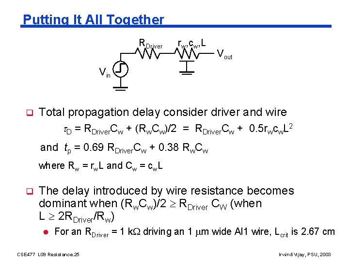 Putting It All Together RDriver rw, cw, L Vout Vin q Total propagation delay