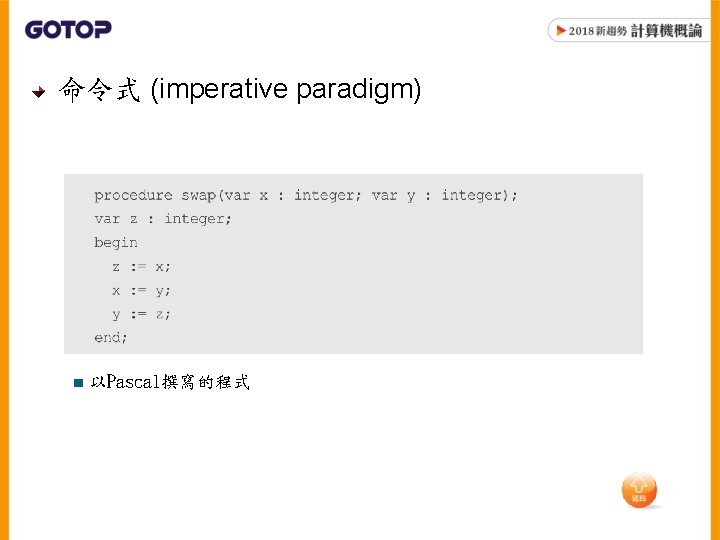 命令式 (imperative paradigm) ■ 以Pascal撰寫的程式 