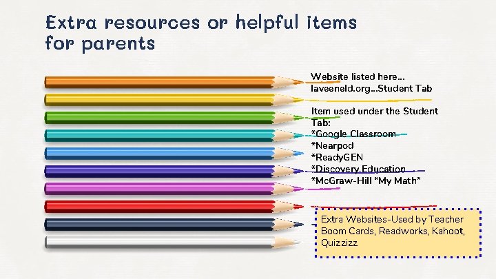 Extra resources or helpful items for parents Website listed here… laveeneld. org. . .