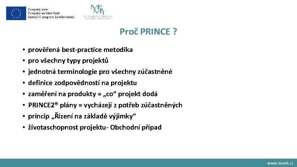 Proč PRINCE ? • • prověřená best-practice metodika pro všechny typy projektů jednotná terminologie