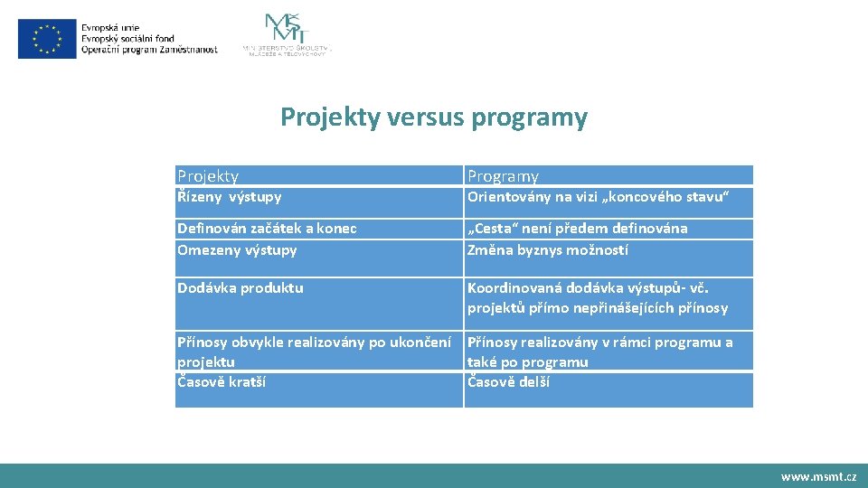 Projekty versus programy Projekty Řízeny výstupy Programy Orientovány na vizi „koncového stavu“ Definován začátek