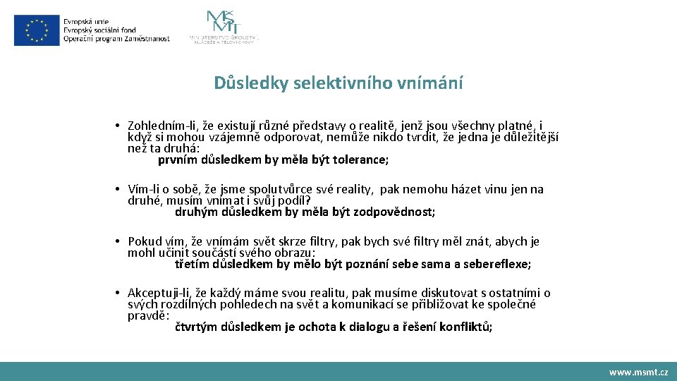 Důsledky selektivního vnímání • Zohledním-li, že existují různé představy o realitě, jenž jsou všechny