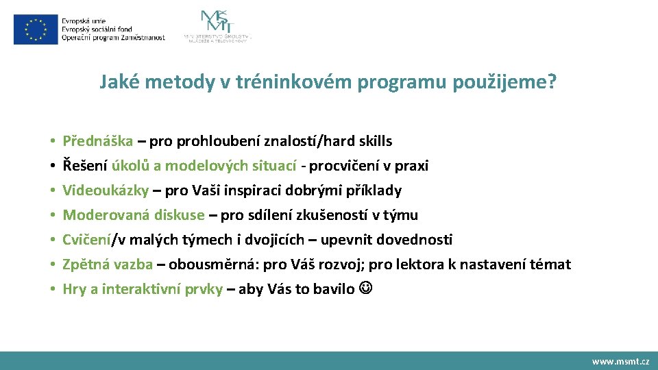 Jaké metody v tréninkovém programu použijeme? • • Přednáška – prohloubení znalostí/hard skills Řešení