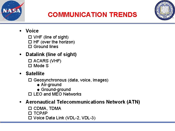 COMMUNICATION TRENDS Voice VHF (line of sight) HF (over the horizon) Ground lines Datalink