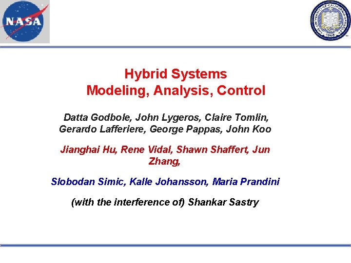 Hybrid Systems Modeling, Analysis, Control Datta Godbole, John Lygeros, Claire Tomlin, Gerardo Lafferiere, George