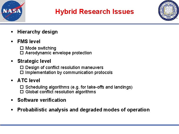 Hybrid Research Issues Hierarchy design FMS level Mode switching Aerodynamic envelope protection Strategic level