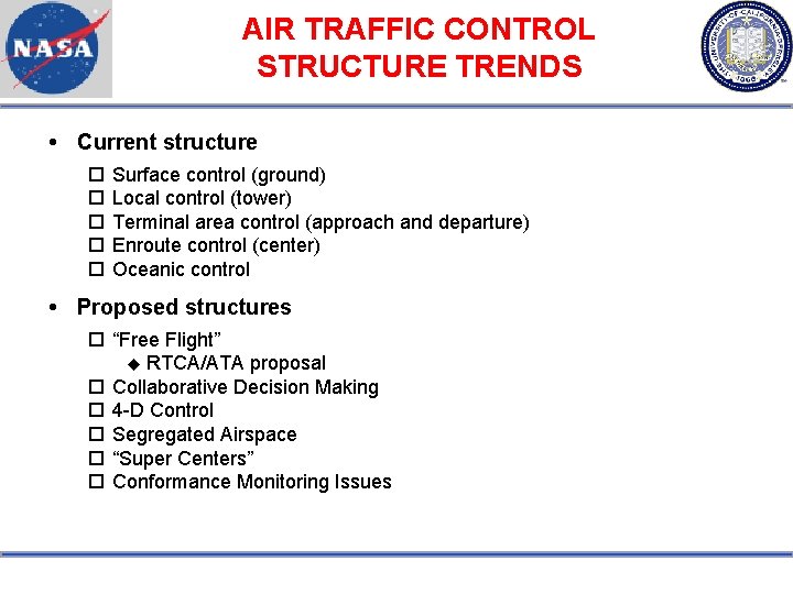 AIR TRAFFIC CONTROL STRUCTURE TRENDS Current structure Surface control (ground) Local control (tower) Terminal