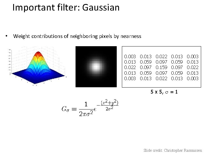 Important filter: Gaussian • Weight contributions of neighboring pixels by nearness 0. 003 0.
