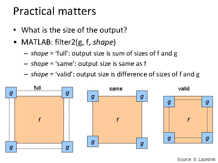 Practical matters • What is the size of the output? • MATLAB: filter 2(g,