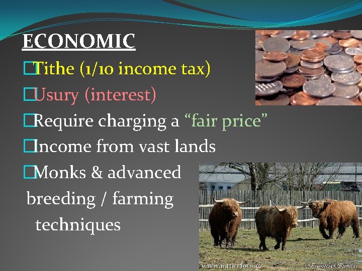 ECONOMIC �Tithe (1/10 income tax) �Usury (interest) �Require charging a “fair price” �Income from