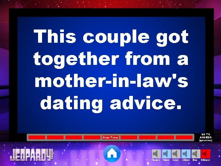This couple got together from a mother-in-law's dating advice. GO TO ANSWER (question) Start