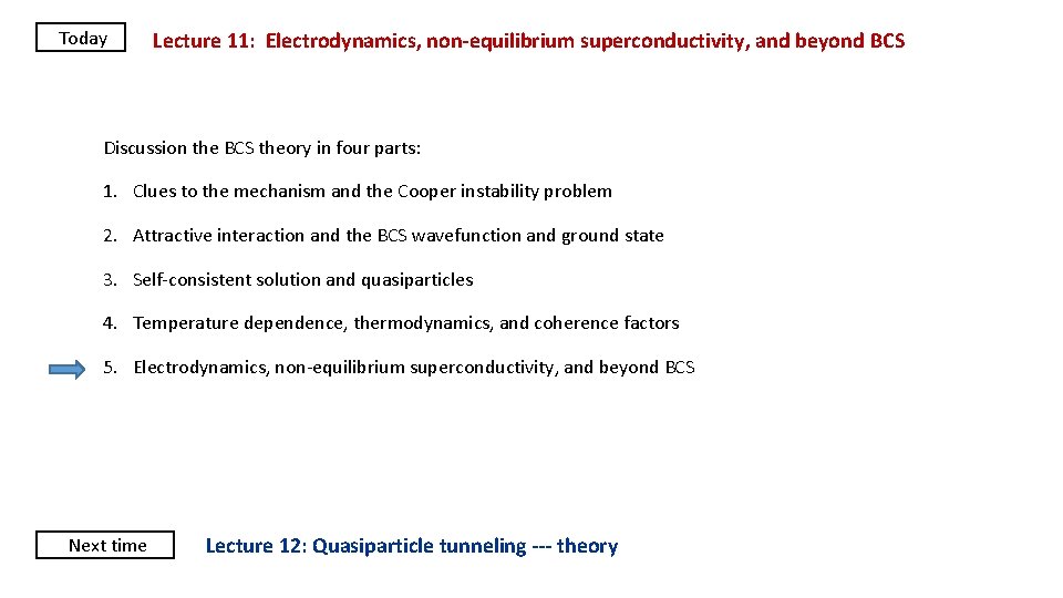 Today Lecture 11: Electrodynamics, non-equilibrium superconductivity, and beyond BCS Discussion the BCS theory in