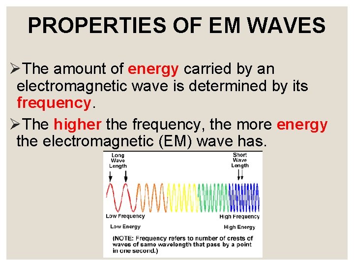 PROPERTIES OF EM WAVES ØThe amount of energy carried by an electromagnetic wave is