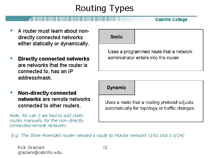 Routing Types • A router must learn about nondirectly connected networks either statically or