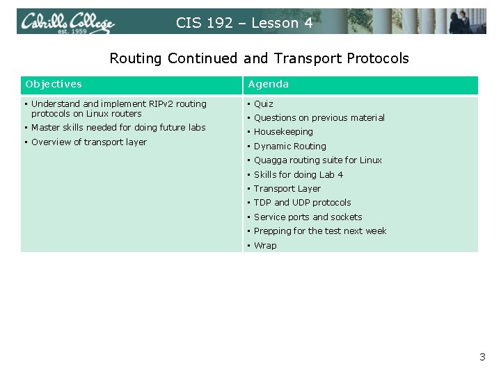 CIS 192 – Lesson 4 Routing Continued and Transport Protocols Objectives Agenda • Understand