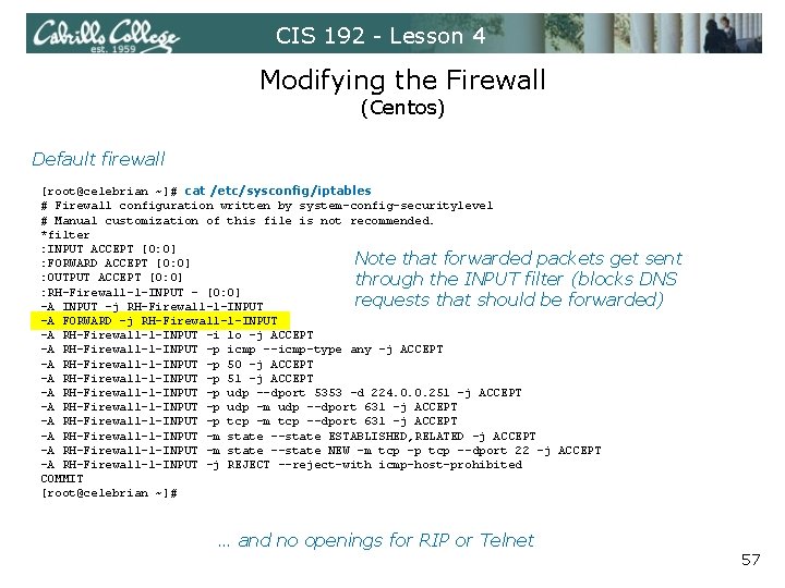 CIS 192 - Lesson 4 Modifying the Firewall (Centos) Default firewall [root@celebrian ~]# cat