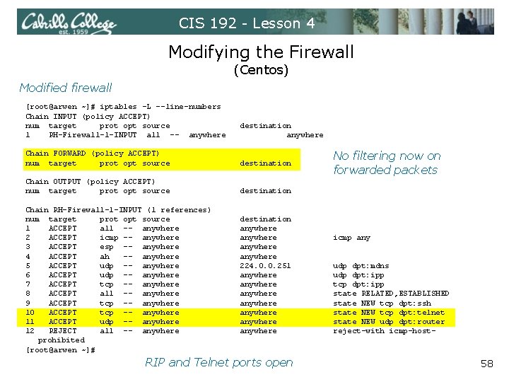CIS 192 - Lesson 4 Modifying the Firewall (Centos) Modified firewall [root@arwen ~]# iptables