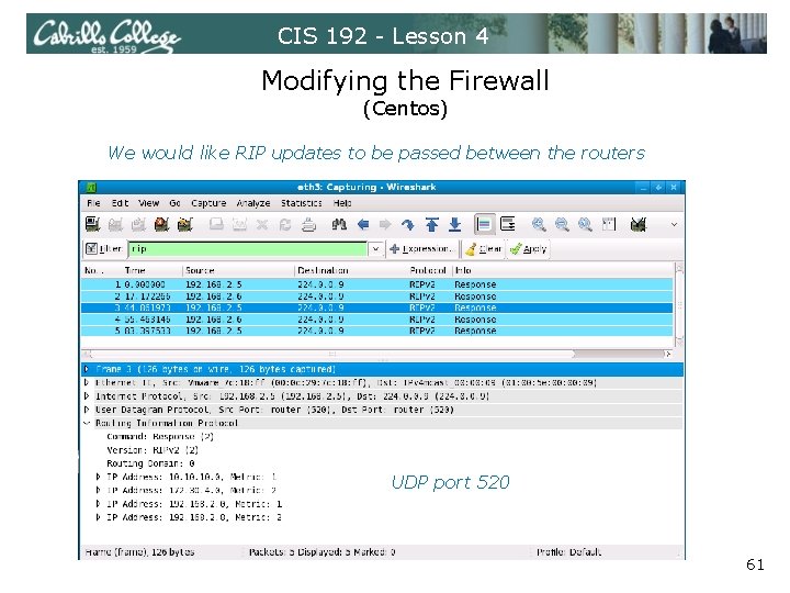 CIS 192 - Lesson 4 Modifying the Firewall (Centos) We would like RIP updates