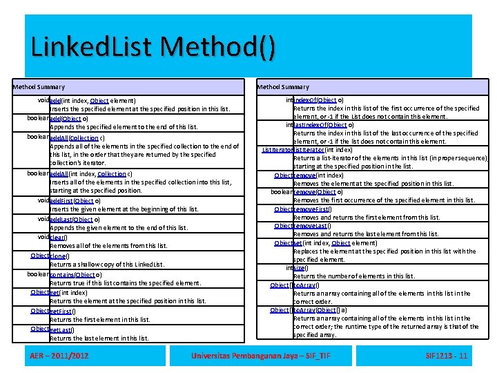 Linked. List Method() Method Summary void add(int index, Object element) Inserts the specified element Linked. List Method() Method Summary void add(int index, Object element) Inserts the specified element