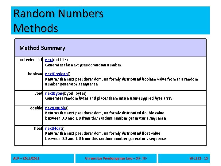 Random Numbers Method Summary protected int next(int bits) Generates the next pseudorandom number. boolean Random Numbers Method Summary protected int next(int bits) Generates the next pseudorandom number. boolean