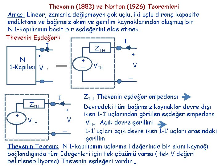 Thevenin (1883) ve Norton (1926) Teoremleri Amaç: Lineer, zamanla değişmeyen çok uçlu, iki uçlu